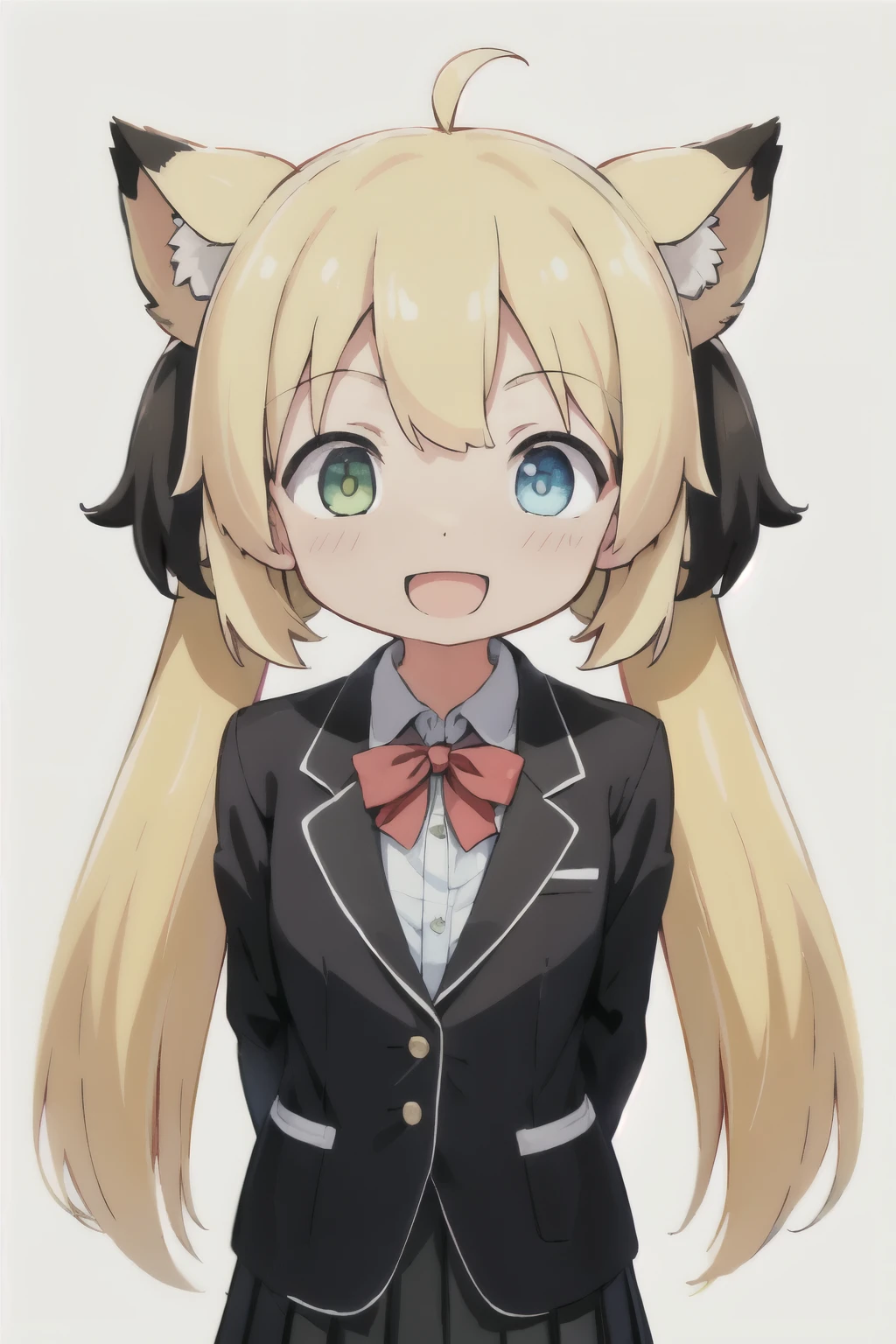 white background、Solid white background、blank background、arms behind back、black hair, black hair、gradation yellow hair、hide your hands、Upper body photographed from the front,(high quality, Breathtaking),(delicate eyes, perfect face)solo,Era: late 20s, Heterochromia - (yellow left eye、The left eye is yellow、light blue right eye、The right eye is light blue)、open your mouth without showing your teeth、Smile with mouth wide open、open your mouth wide、medium shoulder length hair, black long sleeve blazer clothes,black pleated skirt、