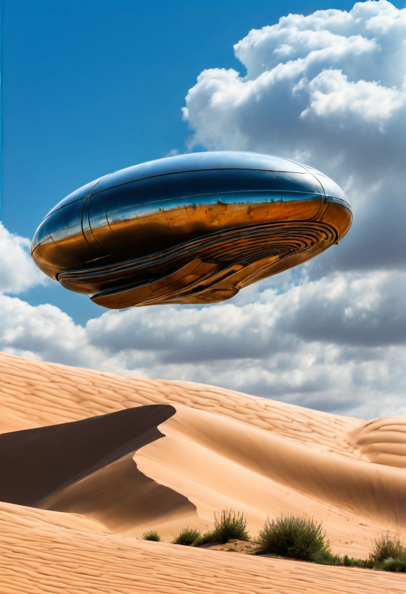 un objet volant, ovoid shaped, metal color, est stationnaire au dessus d un désert de sable, parcouru par des vents violents, dans un bruit de tempête, sur une brûlante planète lointaine, dans un ciel nuageux, parcouru de violents eclairs de foudre