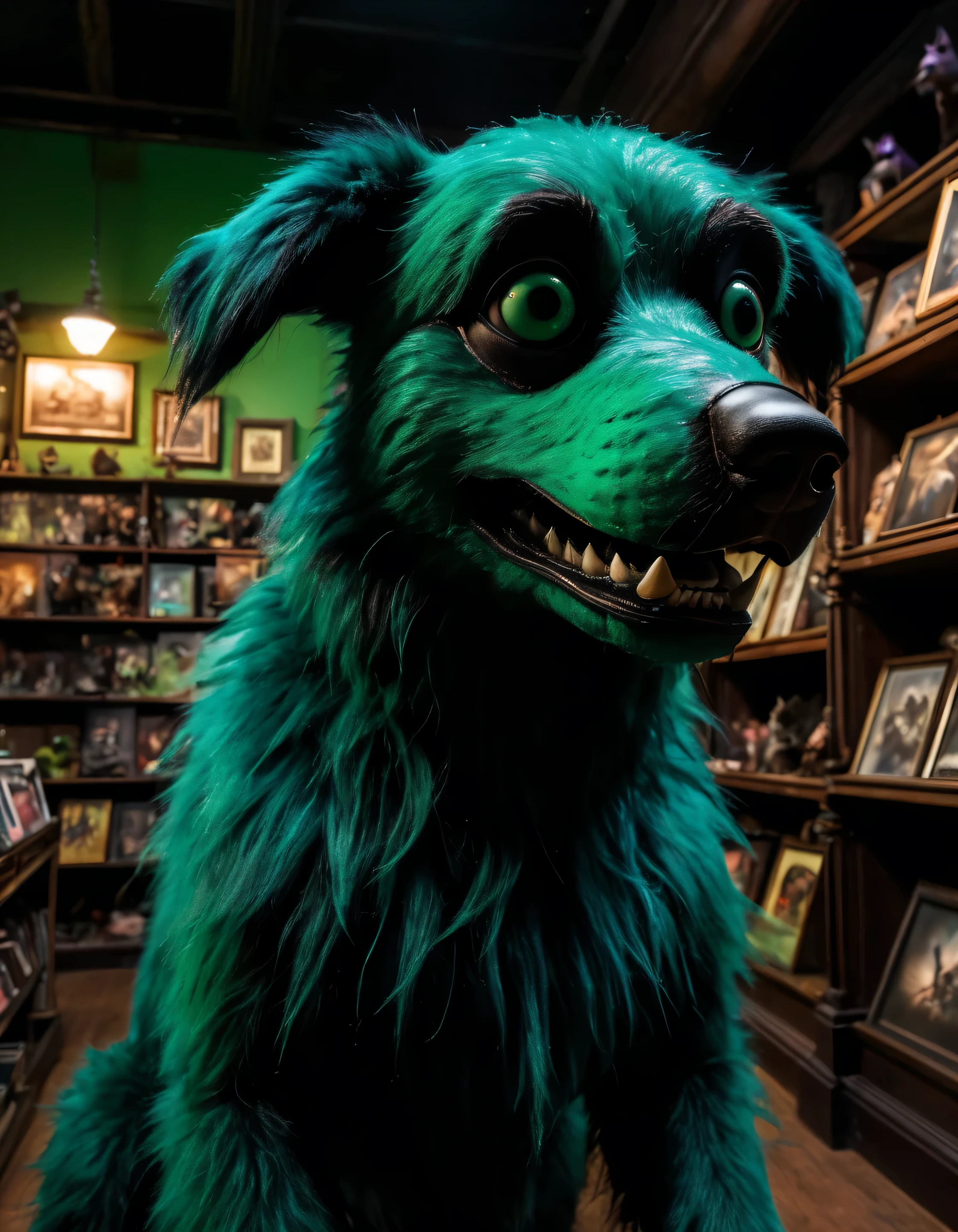 photo of a creepy (furry) anthropomorphic dog  animatronic in a (dark-antique-store), lunging horror, iridescent, ugly, fnaf vhs, (black|green), nefarious, menacing, terrifying, animatronic, humanoid arms and head, (hair, furry), Subsurface-scattering dark-aesthetic) (detailed, high-quality, highres, 8k, high saturation)