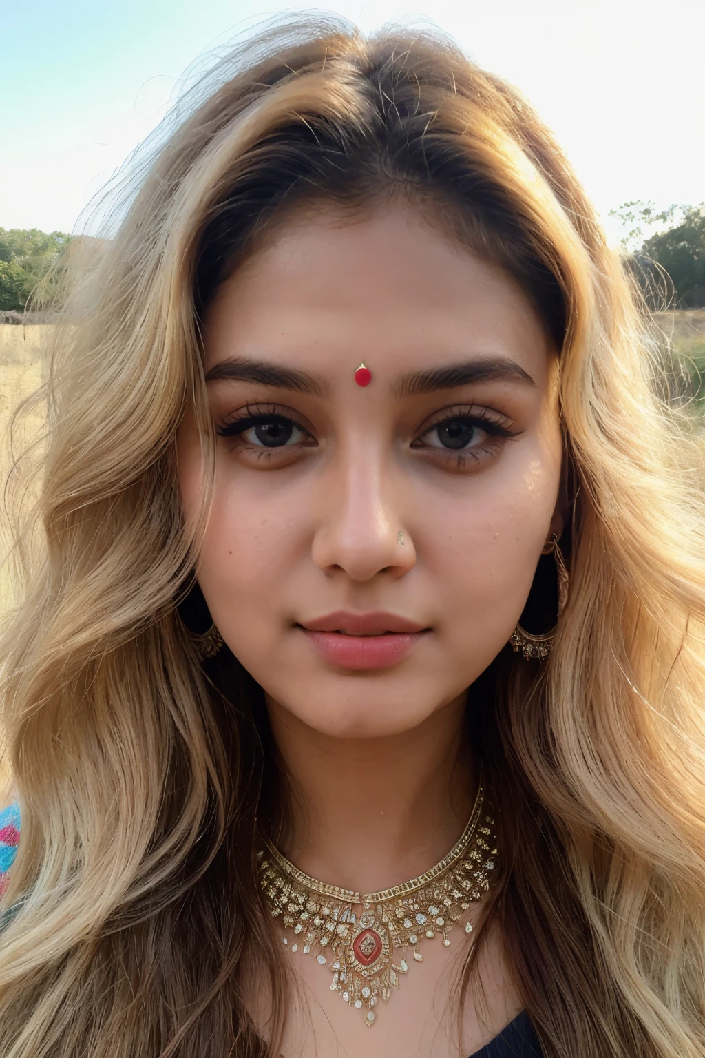 ((best quality)), ((masterpiece)), (detailed), perfect indian girl blonde skin 
 color texture and face , face-cut of nancy momoland,  bindi , best jwellery, 
black long wavy hair 