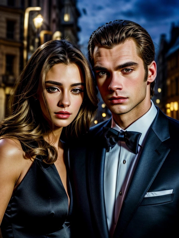 Portrait of a beautiful and handsome couple in formal wear standing at night, Seductive atmosphere, Threatening expression, close up, Perfect body,Highly detailed facial details, Surreal, A quiet-looking city street in the background, Old buildings with European architecture and cars parked on the roadside.