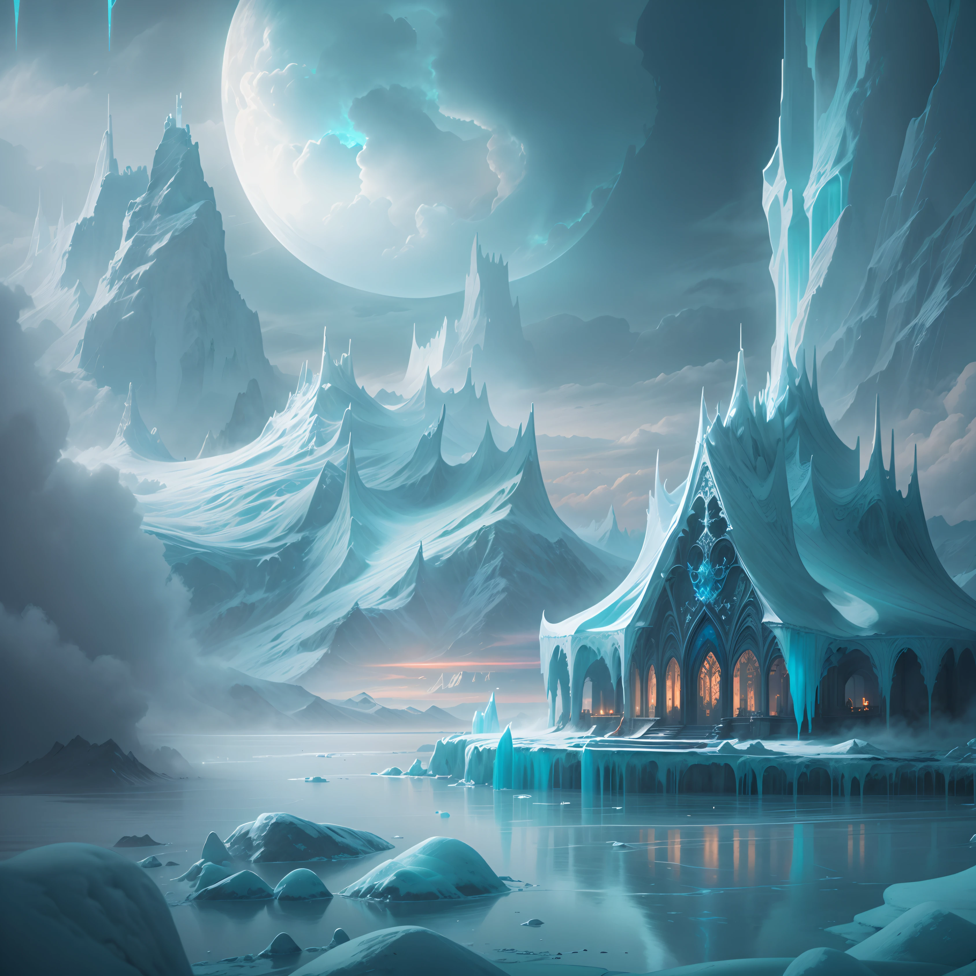 Typical shootout style, (خلفية CG Unity 8K مفصلة للغاية),Snowy mountain landscape with fog，Antarctic，Aurora， High mountains covered with snow，Transparent Ethereal Ice Sculpture Palace，Ice block house，Frozen lake, Vast and amazing views.Immerse yourself in the beautiful Aurora，photographer：Brandon Weil is a filmmaker，Surreal dreams，Gray atmosphere，rainy day，That&#39;s it，received，Human development report，Surreal fantasy art style，Epic digital fantasy art style，The beautiful art of dreaming
