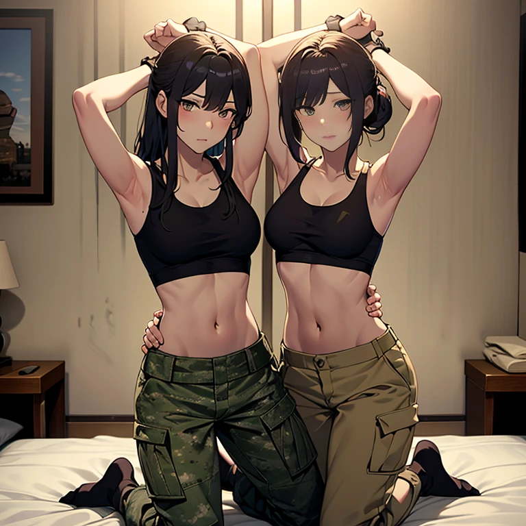 A group of  female soldiers, (in bedroom), various hair styles, harem, beautiful leg, midriff, camouflage military trousers, showings off armpits, seducing, bdsm, bukkake, shirt lift, bare breast, nipples, long sleeve t-shirt 