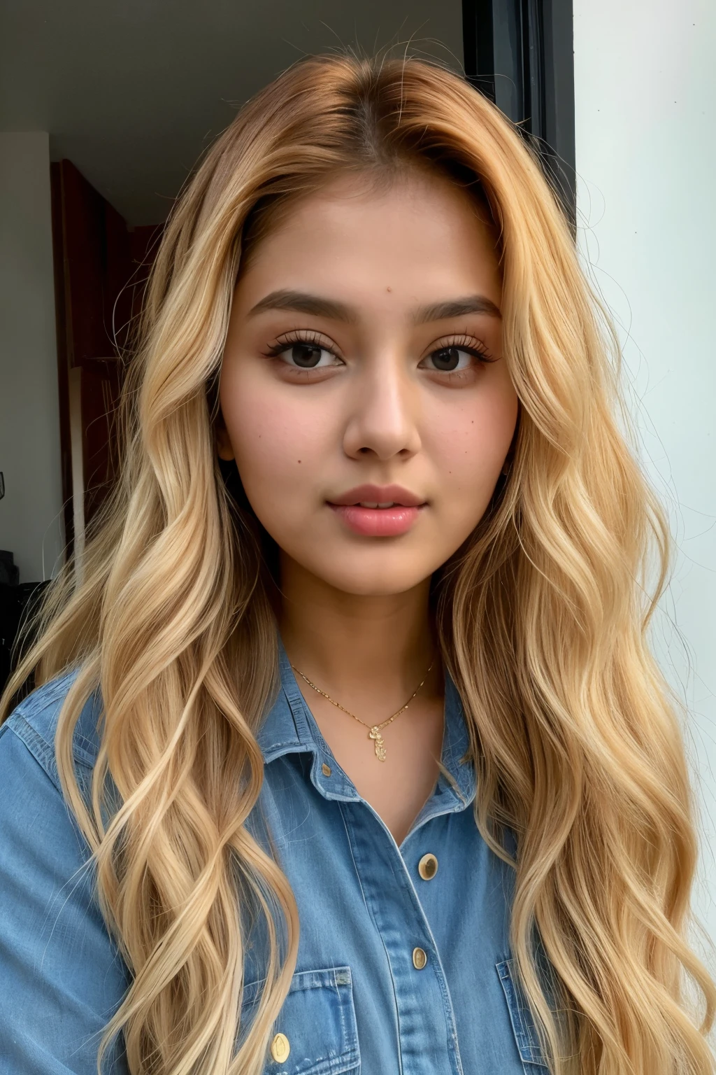 ((best quality)), ((masterpiece)), (detailed), perfect indian girl blonde skin
color texture and face , face-cut of nancy momoland , best jwellery,
black long wavy hair