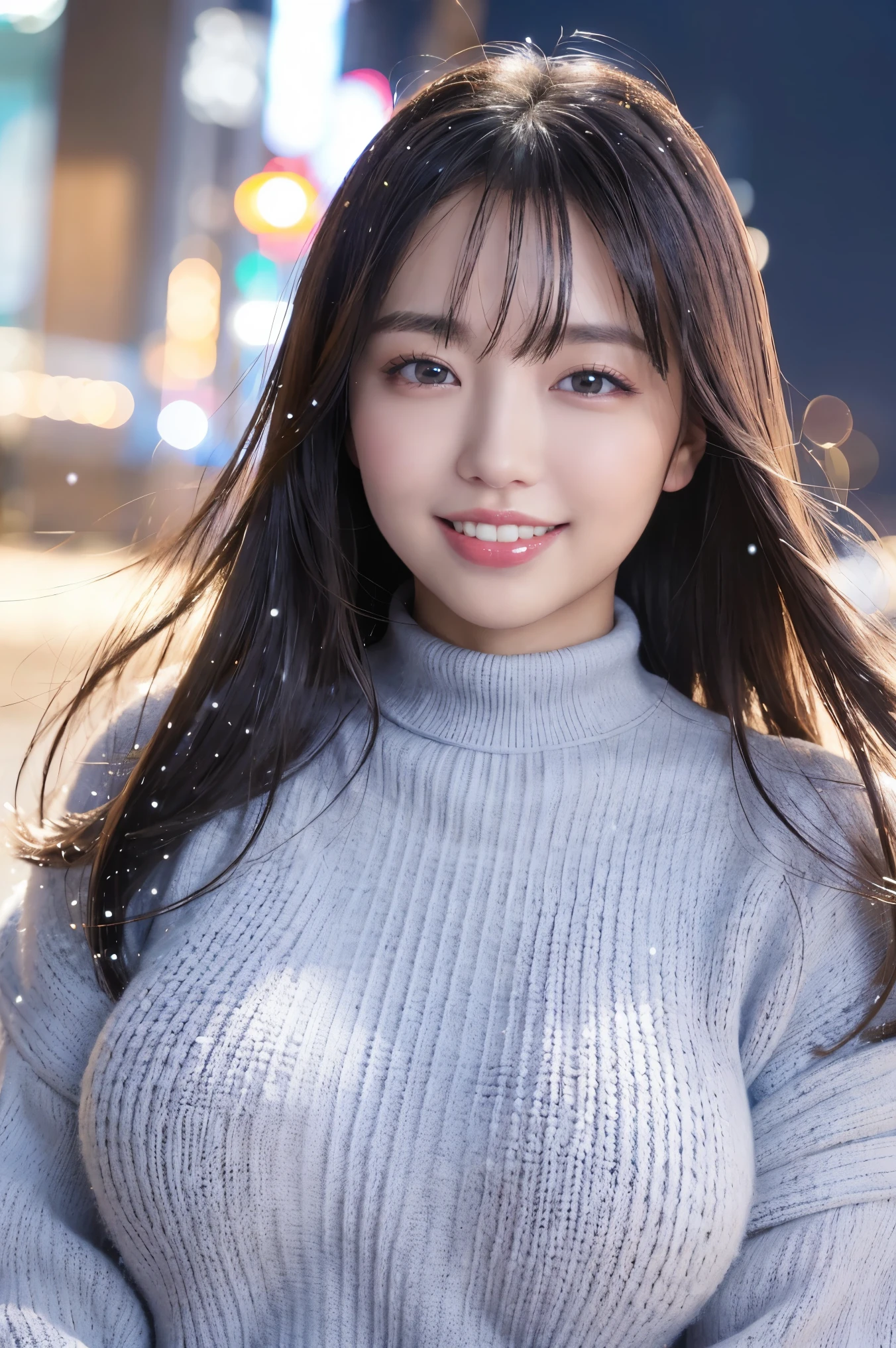 (highest quality、masterpiece、8K、best image quality、hyper realism、Award-winning work)、1 girl、(Perfect and classy thick melton coat:1.35)、(perfect pink turtleneck knit sweater:1.1)、(Wearing a knitted sweater under her coat:1.1)、Soft indirect lighting、Soft and delicate light、dramatic lighting effects、(huge breasts:1.2)、glamorous body、emphasize body line、Romantic snowy night city、Romantic Christmas illuminations、Beautiful night view of the snowy city、the biggest smile looking at me、fine sparkling snow、Beautiful snow reflecting light、Diamond dust、(Tyndall effect:1.1)、beautiful snow scene、(It&#39;s snowing:1.1)、(snow in hair:1.1)、accurate anatomy、(close up of face:1.1)、A beautiful lipstick with a glossy, natural color、natural makeup、glossy lips、Ultra high definition glossy skin、Ultra-HD radiant, beautiful skin、Moist and beautiful skin、beautiful skin glow、超高精細のglossy lips、Super high-definition sparkling eyes、(Super high definition beautiful perfect teeth:1.1)、Show your beautiful teeth and smile big、(Perfect beautiful teeth:1.1)