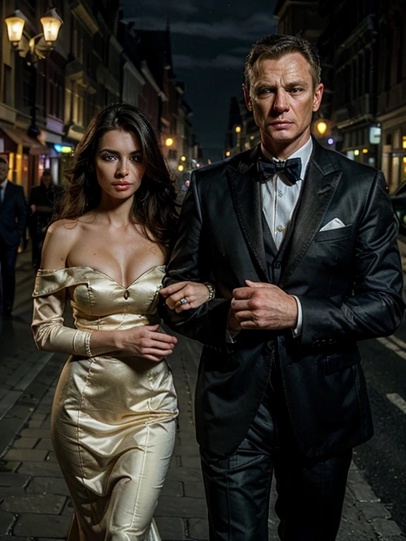 (best quality, high resolution, on the table:1.2), Super detailed details, (actual, Realism:1.3), Inspired by the 007 movie,Portrait of a beautiful and handsome couple in formal wear standing at night, Seductive atmosphere, Threatening expression, close up, Perfect body,Highly detailed facial details, Surreal, A quiet-looking city street in the background, Old buildings with European architecture and cars parked on the roadside.