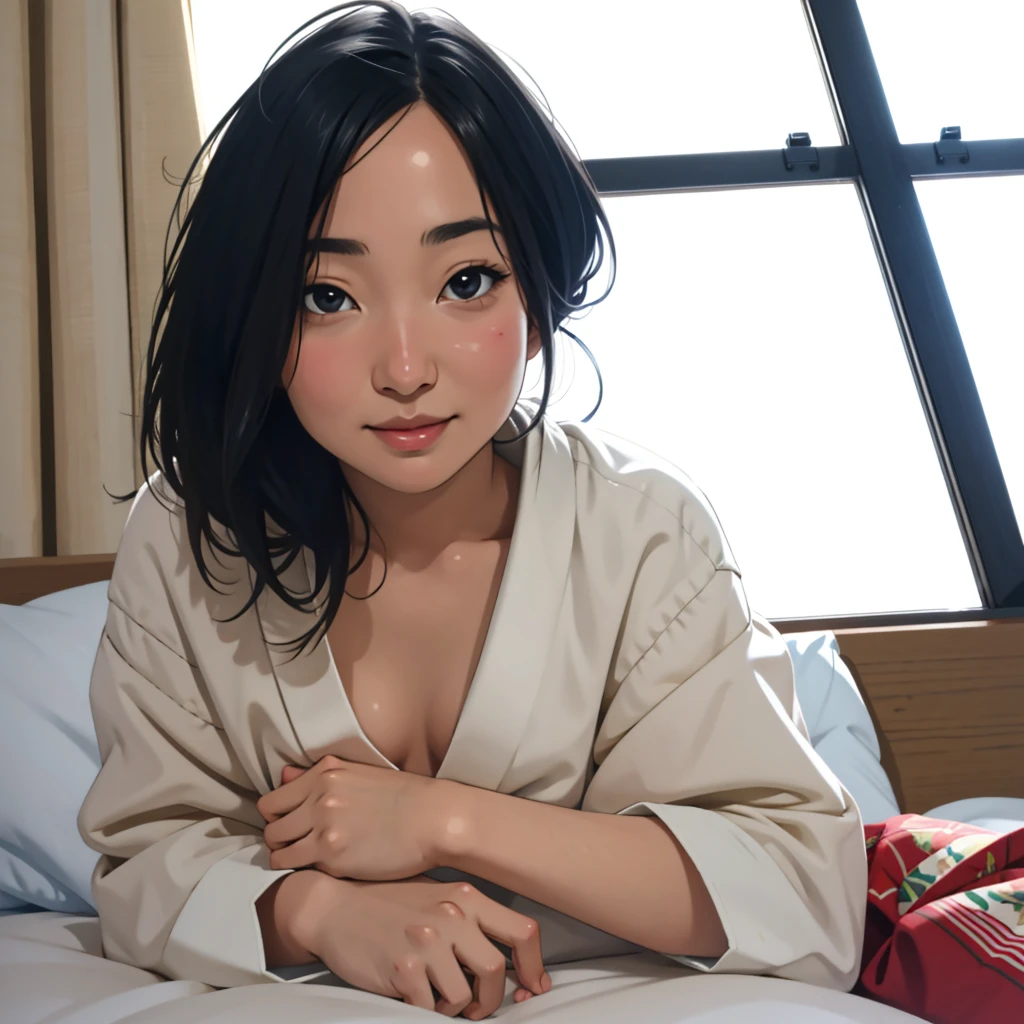 Risa, black haired japanese girl, sitting sideways in bed , cute, beautiful, realistic style, highly detailed, 4k, look at camera, face close-up, (NUDE), highly detailed face, seductive, showing her breasts and legs