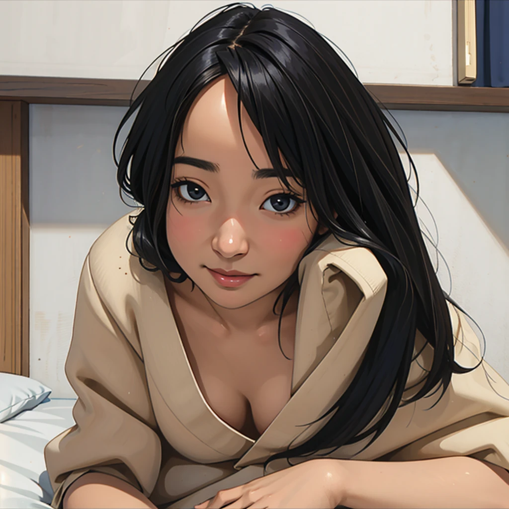 Risa, black haired japanese girl, sitting in bed , cute, beautiful, realistic style, highly detailed, 4k, look at camera, face close-up, (NUDE), highly detailed face, seductive ((Focus on face))