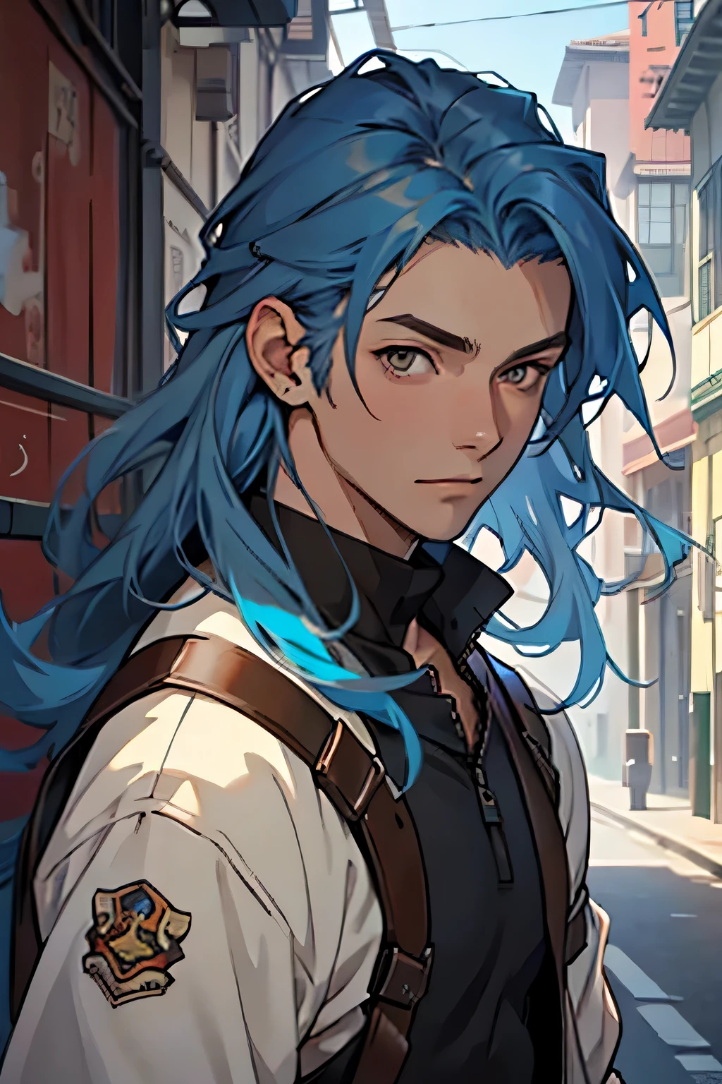 (Best quality)), ((masterpiece)), image of a young man with blue hair, Brown eyes, brown eyes, Blue shoulder-length hair, anime style character