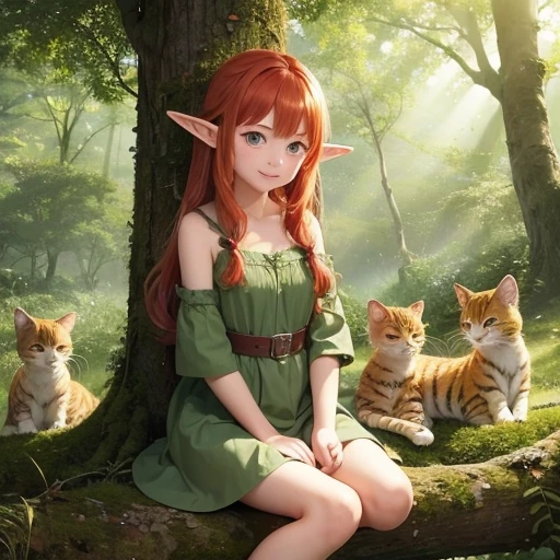 oil painting,a red-haired elf with freckles, a neckline, a small dimple on her chin and long wavy hair, sitting at ease on a fallen tree in her native dense green forest in a bright summer dress, with a slight smile, next to an unusual tabby big cat with tufted ears, rays of the sun through the branches and tree foliage