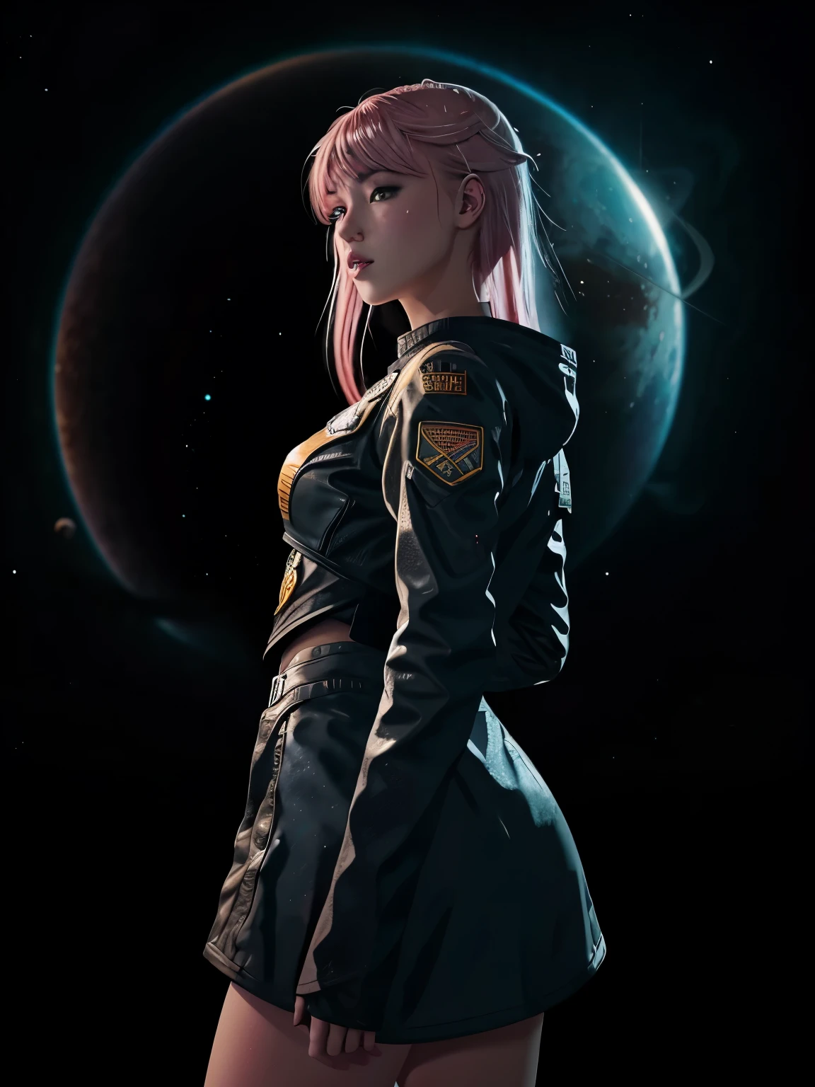 (best quality, sketch:1.2),realistic,(ultra details ayes),illustrator,anime,1 girl, detailed lips,custom, gradient background,neon hair,textured cropping, masterpiece, anime, a woman standing looking at a black hole, fantasy world, trending on art station, space art, dreamy psychedelic anime, beautiful anime scene, anime epic artwork. anime, epic realism, planet landing