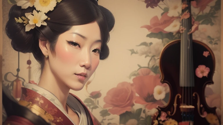 Rough photo of a woman holding a violin and flowers, beauty geisha, japanese geisha, geisha, japonism, organic seductive geisha, Inspired by Shoen Uemura, portrait of geisha, classical japanese art, portrait of a geisha, oriental art nouveau, geisha prima ballerina, Inspired by Otake Bamboo leaves