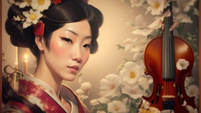 Rough photo of a woman holding a violin and flowers, beauty geisha, japanese geisha, geisha, japonism, organic seductive geisha, Inspired by Shoen Uemura, portrait of geisha, classical japanese art, portrait of a geisha, oriental art nouveau, geisha prima ballerina, Inspired by Otake Bamboo leaves
