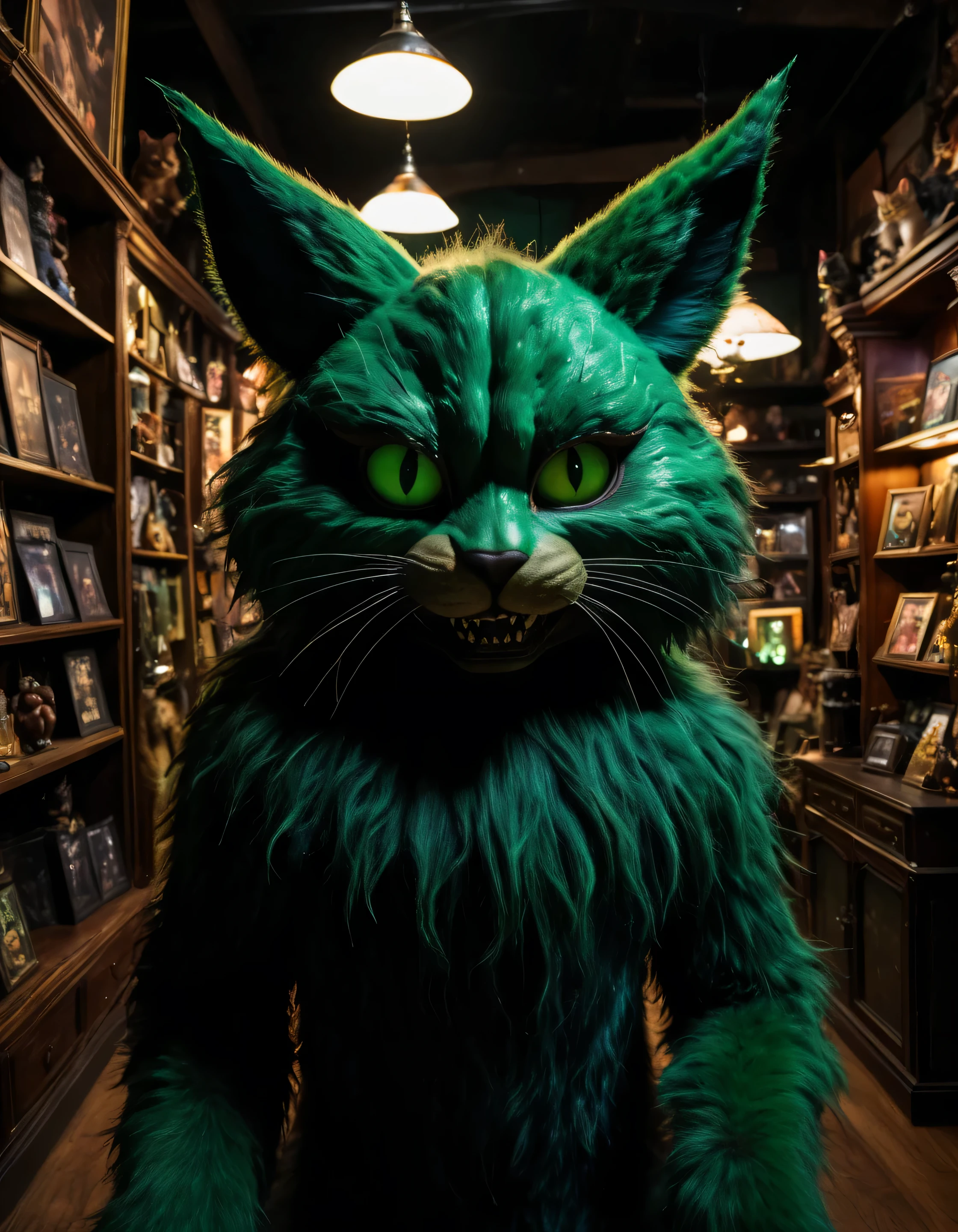 photo of a creepy (furry) humanoid animatronic in a (dark-antique-store), (cat-ears) lunging horror, iridescent, ugly, fnaf vhs, (black|green), nefarious cat, menacing, terrifying, animatronic, humanoid arms and head, (hair, furry), Subsurface-scattering dark-aesthetic) (detailed, high-quality, highres, 8k, high saturation)