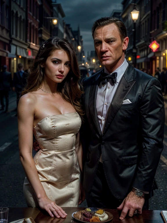 original photo,(best quality, high resolution, on the table:1.2), Super detailed details, (actual, Realism:1.3), Inspired by the 007 movie,A beautiful and handsome couple wearing formal clothes standing on the street at night, Seductive atmosphere, Threatening atmosphere, close up, Perfect body,Highly detailed facial details, A quiet-looking city street in the background