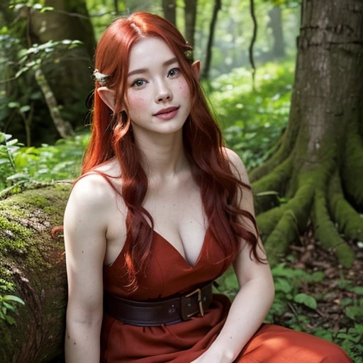 oil painting,a red-haired elf with freckles, a neckline, a small dimple on her chin and long wavy hair, sitting at ease on a fallen tree in her native dense green forest in a bright summer dress, with a slight smile, next to an unusual tabby big cat with tufted ears, rays of the sun through the branches and tree foliage