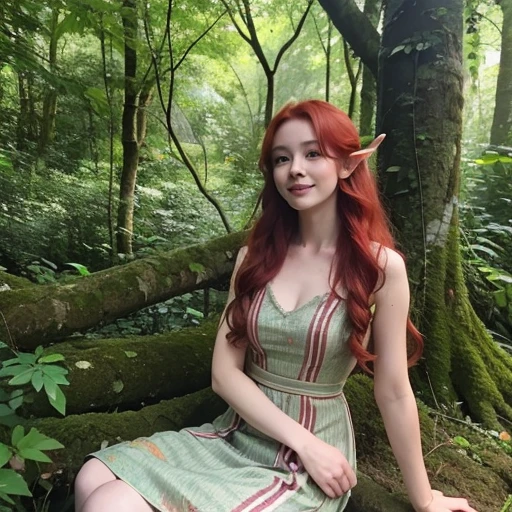 oil painting,a red-haired elf with freckles, a neckline, a small dimple on her chin and long wavy hair, sitting at ease on a fallen tree in her native dense green forest in a bright summer dress, with a slight smile, next to an unusual tabby big cat with tufted ears, rays of the sun through the branches and tree foliage