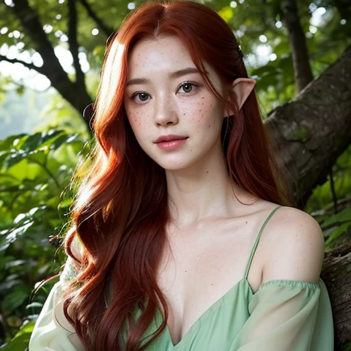 oil painting,a red-haired elf with freckles, a neckline, a small dimple on her chin and long wavy hair, sitting at ease on a fallen tree in her native dense green forest in a bright summer dress, with a slight smile, next to an unusual tabby big cat with tufted ears, rays of the sun through the branches and tree foliage