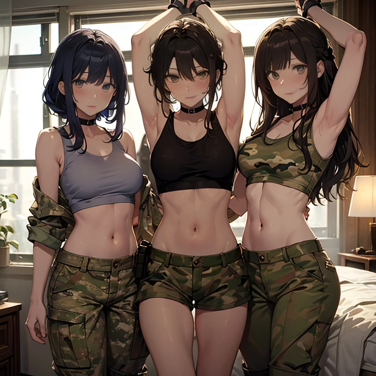 A group of  female soldiers, (in bedroom), various hair styles, tank top, harem, beautiful leg, midriff, camouflage military trousers, showings off armpits, seducing, bdsm, 