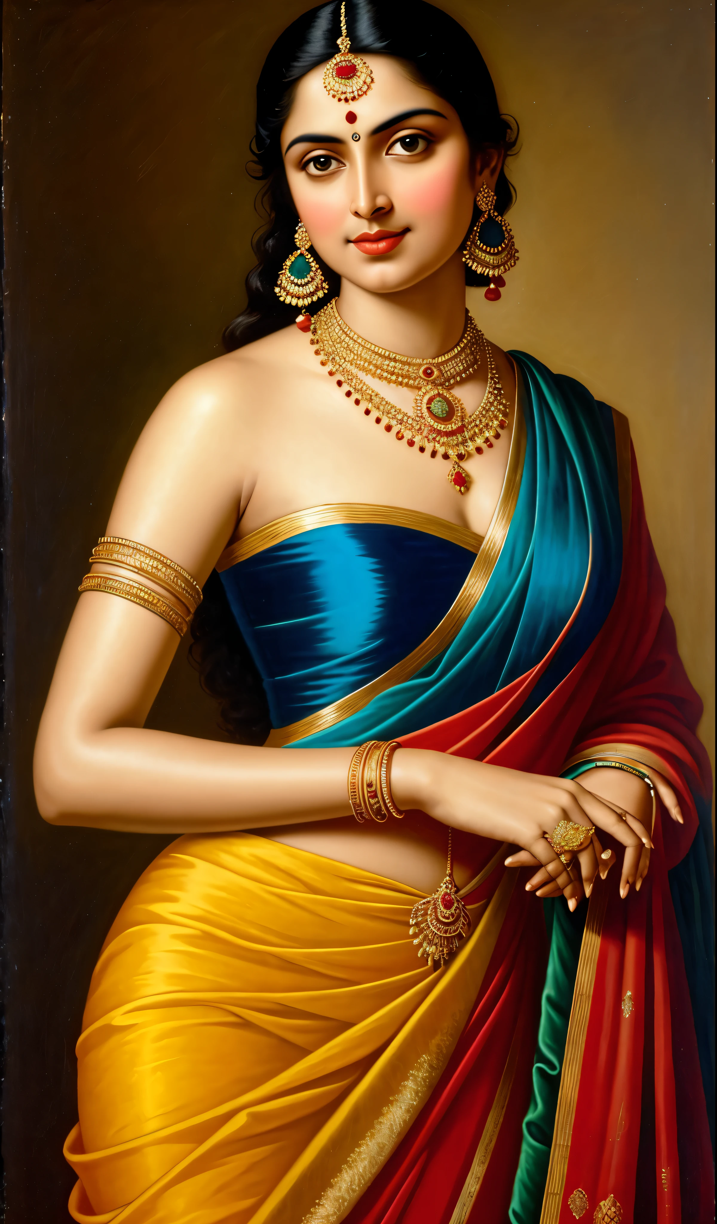 Masterpiece, painting of a woman in a blue dress with a red top and gold jewelry, inspired by Raja Ravi Varma, portrait of a beautiful goddess, by Raja Ravi Varma, a stunning portrait of a goddess, szukalski ravi varma, traditional beauty, indian goddess, beautiful goddess, portrait of modern darna, portrait of a goddess, goddess portrait, perfect body, proportional body, perfect body posture, masterpiece, Indian sensibility, exotic Indian art,