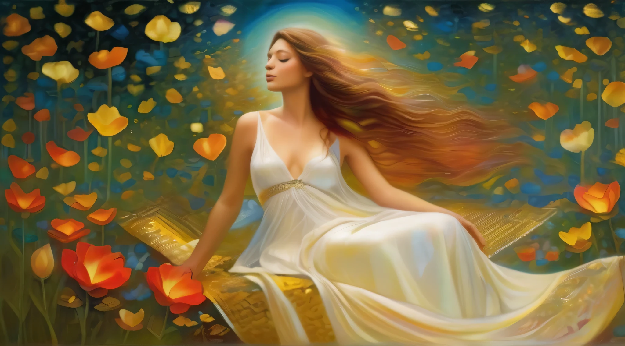 Imagine a charming woman with long, silky hair that goes down to her waist. Her threads are of an angelic tone, full body, em um branco puro, que parecem emanar uma suave luz. upon his head, delicate lights dance like shooting stars, proporcionando um brilho celestial ao seu rosto. Com os olhos fechados, It conveys serenity and a deep connection to your inner world. Ao seu redor, diversas flores exalam seu perfume doce e colorido, criando uma aura ainda mais encantadora. This woman is the embodiment of beauty and peace, Wrapped in a magical and serene air, inviting and happy