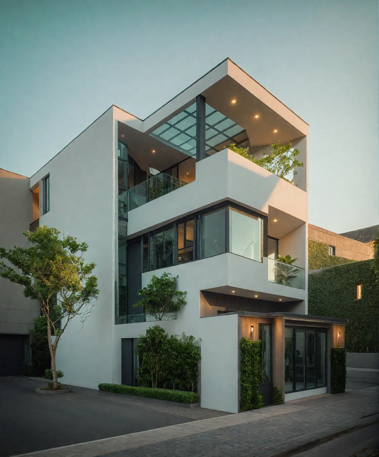 RAW photo, Masterpiece, (high quality:1.1), (masterpiece, best quality:1.5), best quality, (authentic:1.5), (super detail:1.7), House 01., outdoors, sky, tree, no humans, window, plant, ground vehicle, building, scenery, motor vehicle, car, road, vehicle focus, street, exterior, green buildings in street, railing glass, glass windows, roof, ark, facade, modern style, martix, beautiful, architectural rendering, movie light scene, high resolution, realistic, 8k uhd, dslr, soft lighting, high quality, film grain, Fujifilm XT3