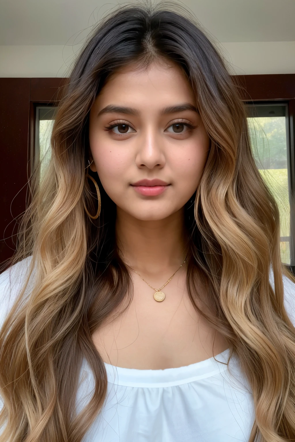 ((best quality)), ((masterpiece)), (detailed), perfect indian girl blonde skin
color texture and face , face-cut of nancy momoland , best jwellery,
black long wavy hair