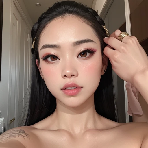 arafed woman with long black hair and a ring on her head, blackpink jennie, gemma chen, with professional makeup, popular south korean makeup, lulu chen, popular korean makeup, gongbi, sha xi, asian face, asian features, mai anh tran, wenfei ye, an asian woman, xision wu, sexy face, jennie, Jennie from blackpink