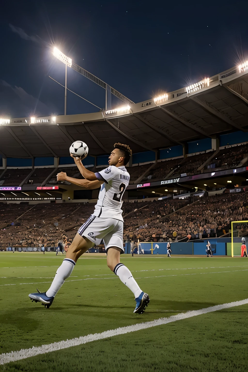 hombre pateando pelota de futboll en el aire en el estadio de noche lleno