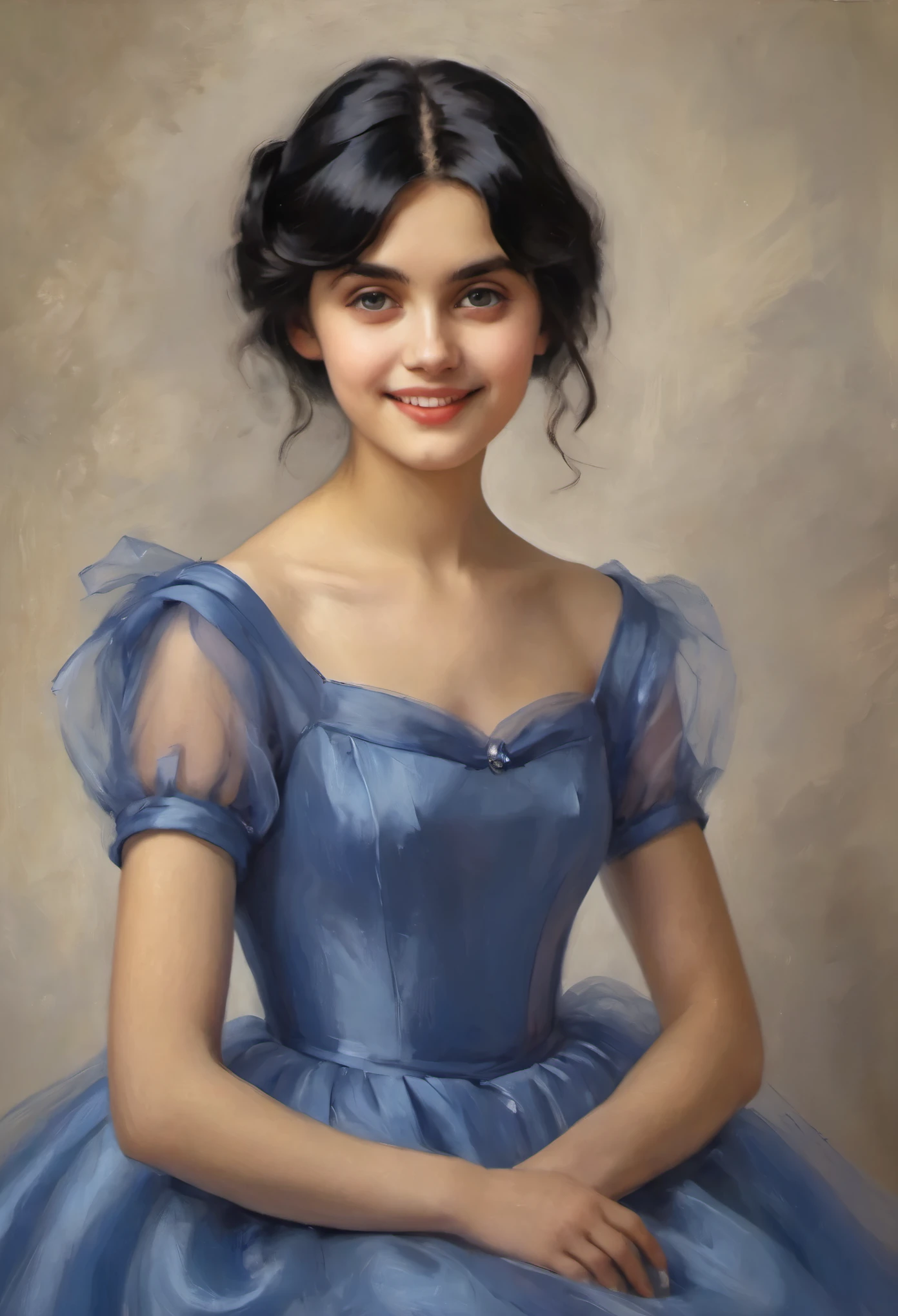 a young girl with styled black hair, big eyes, in a blue satin dress with tulle sleeves (Zinaida Serebryakova style) aesthetically pleasing, smiling ((Zinaida Serebryakova style)), difficult, Extreme detail, Complex key, aesthetically pleasing, ((Single shot)), ((Best quality)), ((masterpiece)) , ((realistic)), (Perfect), 8 k, Impressionism: 0.2 обоев Full HD