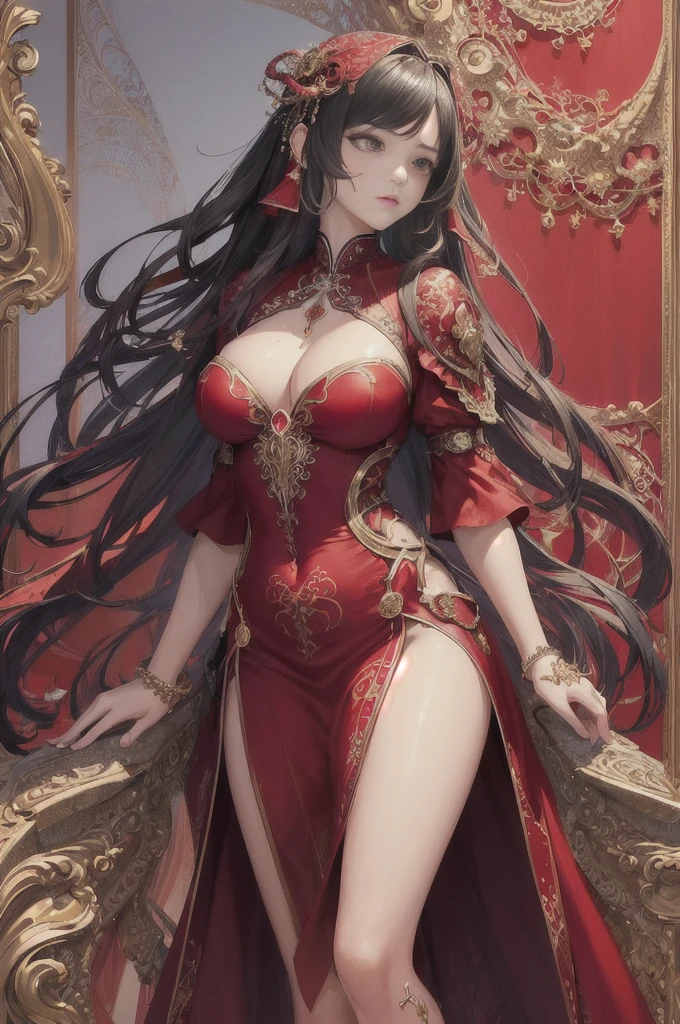 (((masterpiece, top quality, best quality, official art, beautiful and aesthetic:1.2))), (1girl), extreme detailed,(fractal art:1.3),colorful,highest detailed, ((a sorcereress in red dress)),aesthetic breasts, (erotic dress), ((body jewelry))