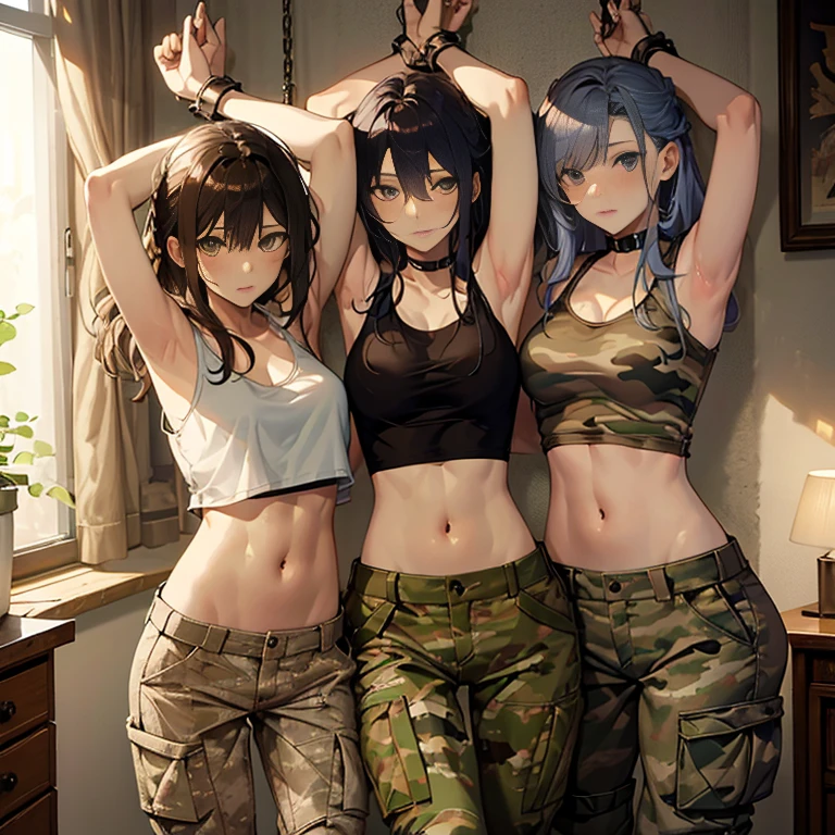 A group of  female soldiers, (in bedroom), various hair styles, tank top, harem, beautiful leg, midriff, camouflage military trousers, showings off armpits, seducing, bdsm, 