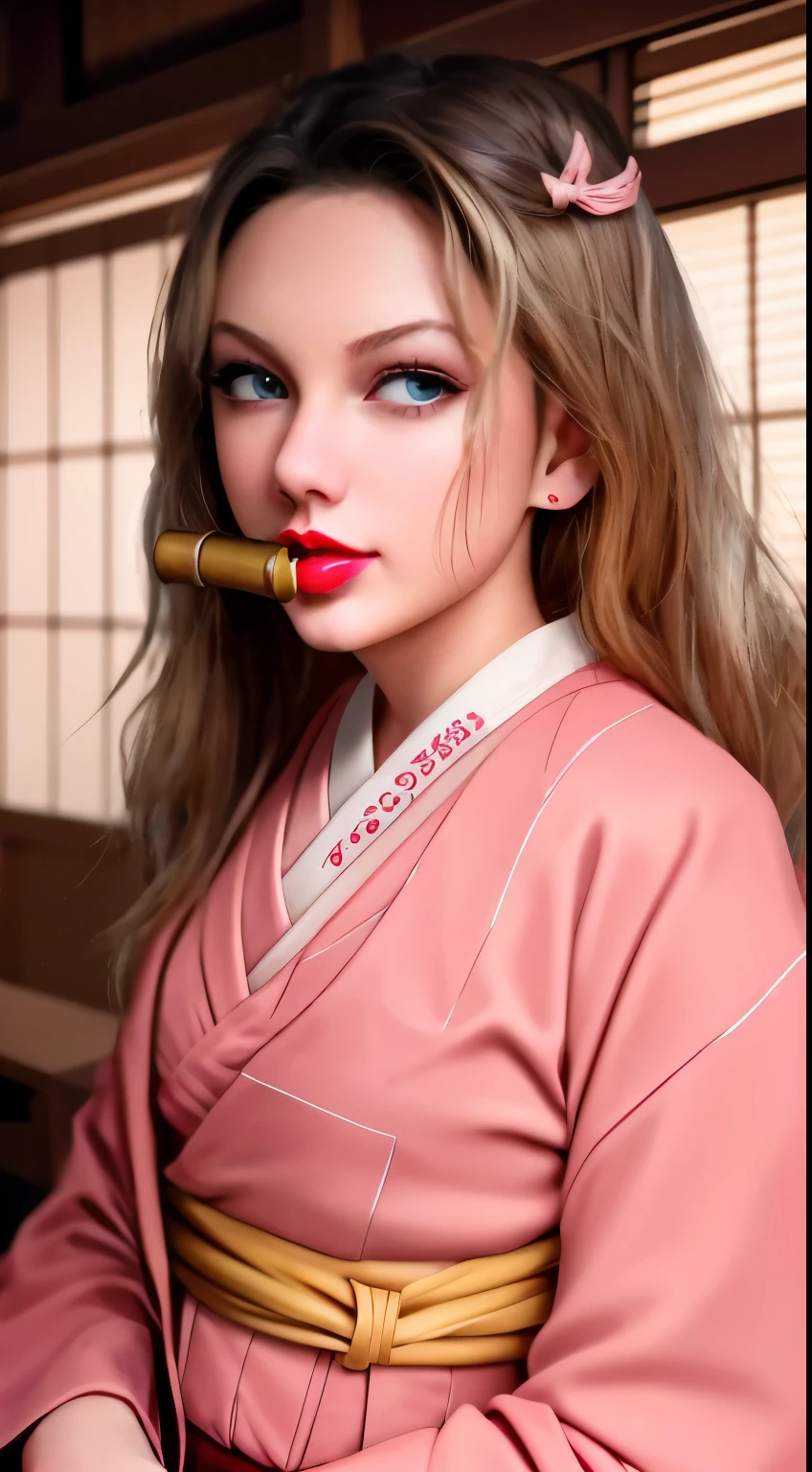 insanely detailed, Detailed portrait of illustration,masterpiece, best quality, beautiful lighting,(taylor swift),nezuko, japanese_clothes, kimono, solo, bamboo, bit_gag, gag, pink_kimono, gagged, looking_at_viewer, forehead, RAW photo, 8k uhd, film grain,