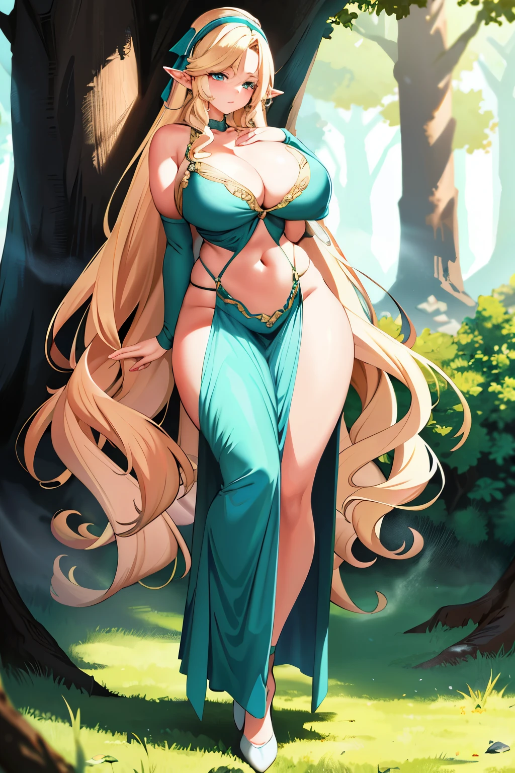 (Elf girl in the woods pressing her ample bust) Exquisitely rendered 8K CG artwork, ethereal elf girl, expressing a sensual moment, long fluffy blonde hair cascading down her shoulders, provocative pressed pose, massive and luscious breasts, exposed navel peeking out from a low-cut top, transparent fabric revealing enticing curves, mid-calf length boots, contempt in her ice-blue eyes, haughty posture, chest thrust forward, seductive expression, background slightly blurred to emphasize the focus on her alluring form.