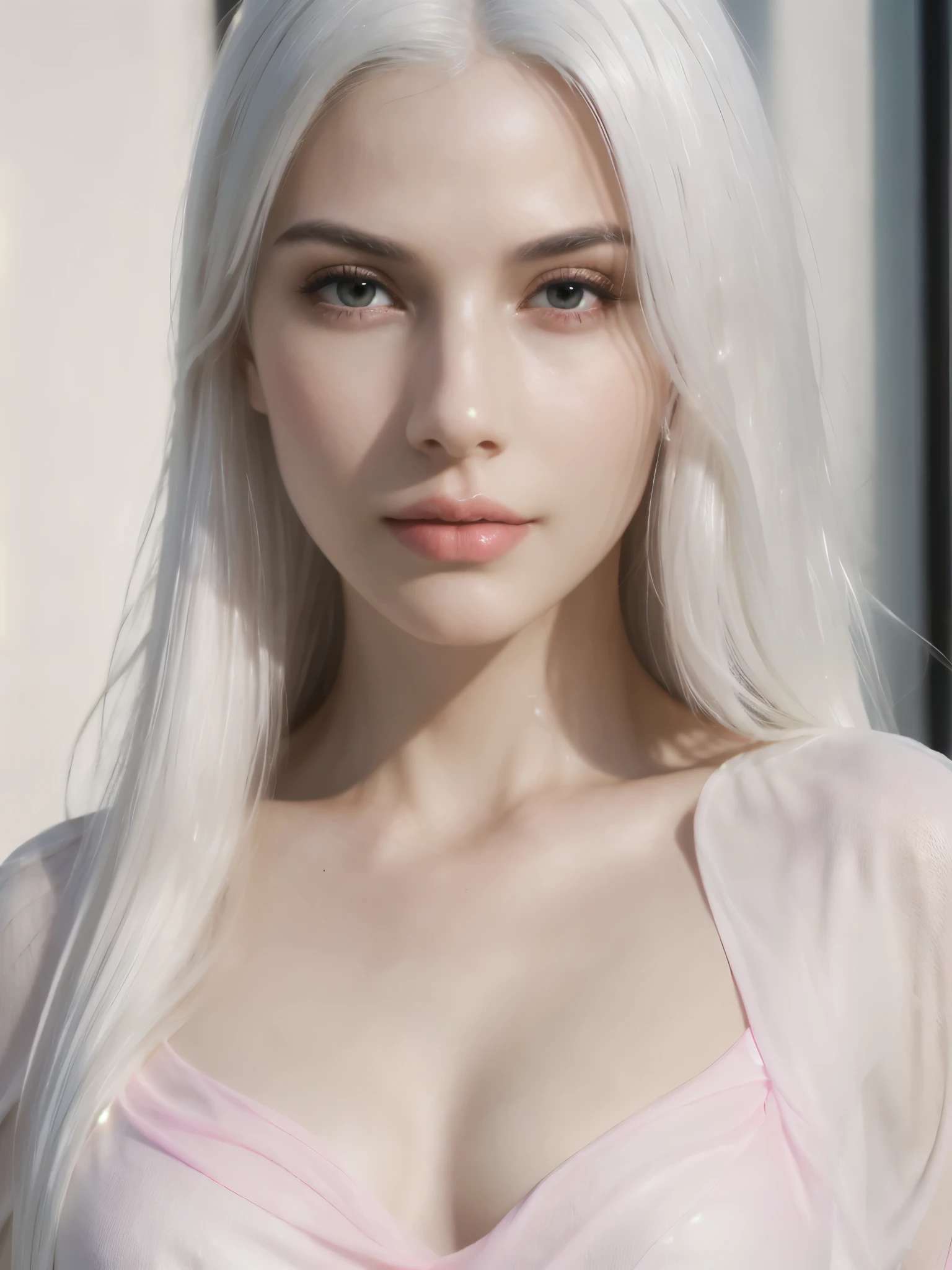 1girl, ((full body, narrow waist, waist, girl, white hair, long hair, black eyes)), (front view, from front), looking at viewer, Best quality, masterpiece, ultra high res, (photorealistic:1.4), 8k, clean, (incredibly absurdres, ultra-detailed,CG ,unity ,8k wallpaper), (detailed face :1.4),(beautiful detailed eyes :1.2),(detailed hair), light on face, cinematic lighting, perfect face, lips, adult, solo, Pink Sheer Dress, See Through, (( white skin, real skin, middle_breasts))