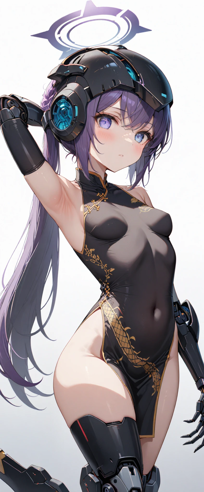 best quality, (ultra high res), (highres), original,extremely, feixiao, 1girl, solo, china dress, dress, chinese clothes, purple hair, looking at viewer, hair ornament, white background, detailed halo, halo, black dress, ((cyber helmet, robot shoulders, robot legs)), small breasts, thighs, arm up, bare shoulders, covered navel, parted lips, blush, sitting, one arm behind head, armpits, robot feet, (cinematic lighting)