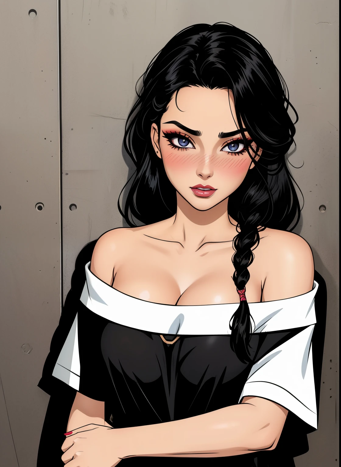 Sexy woman, black hair, single braid, seductive eyes, intense gaze, mouth parted, deep blush, flustered, lustful, beautiful face, amazing makeup, off shoulder t shirt, medium chest, cleavage, pinned against the wall 
