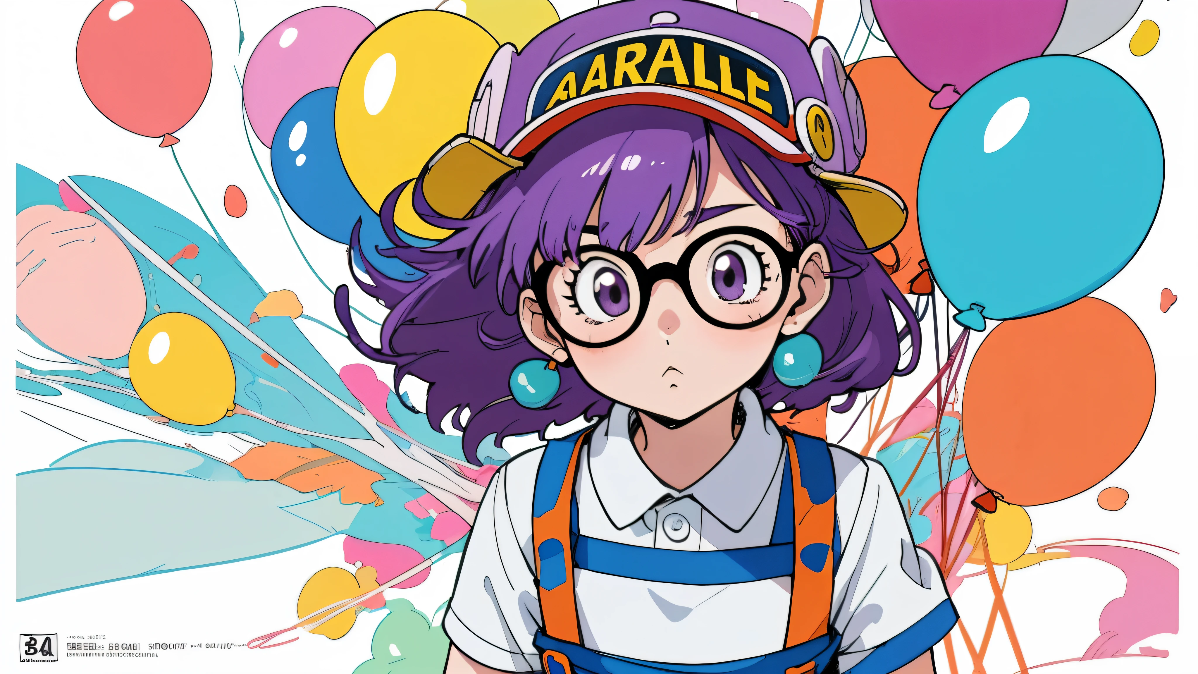 A *********** Arale（Arale）Bust of a character；Colorful balloons floating in the background。purple hair，[red hat（There are little wings on the hat）]，Glasses，White T-shirt，Blue suspenders；original image；（Characters conform to human anatomy，Repair of body and limbs，Coordinated body structure）Atmosphere rendering。colorful，Color coordination。Rich in details。illustration style，Japanese manga style，Toriyama Akira style；Original style；graphic arts，Poster cover。(masterpiece, best quality)