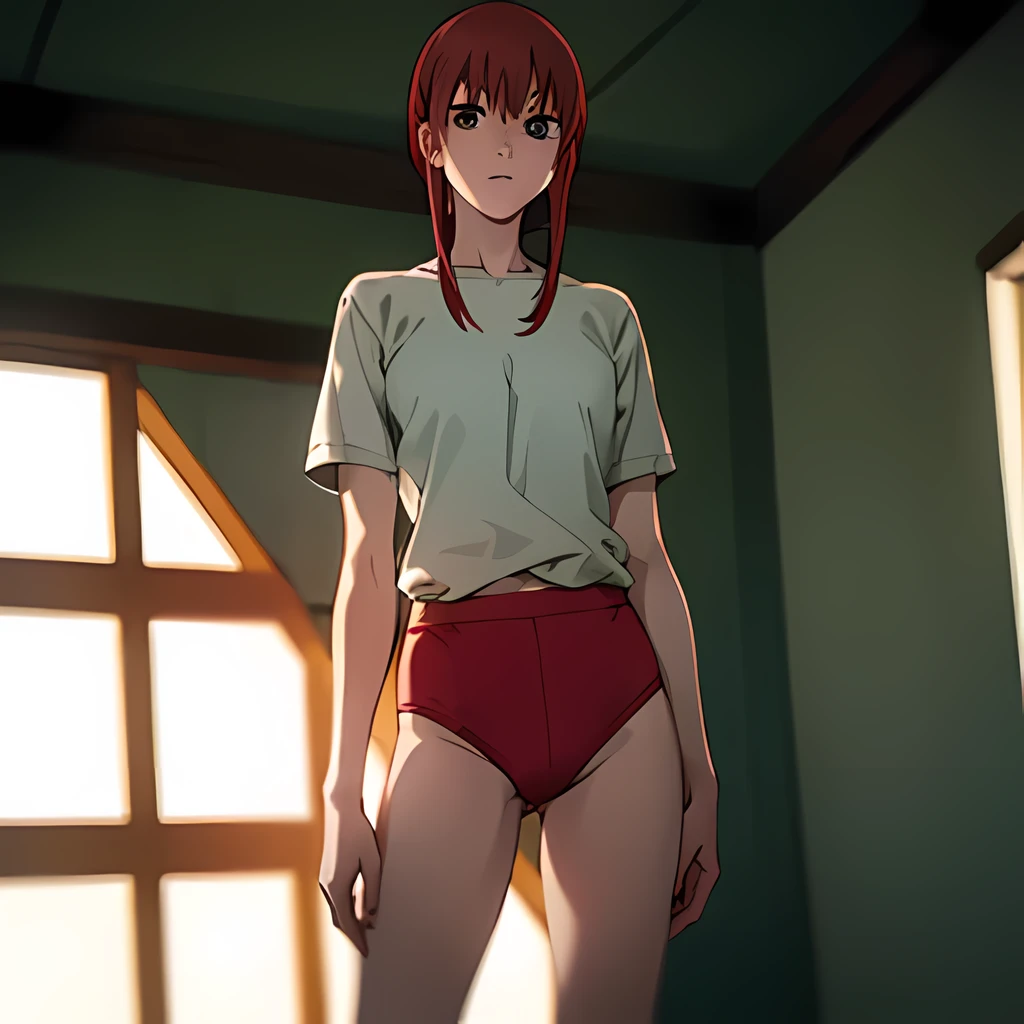 1girl, solo, makima from chainsaw man, red hair, wearing red underwear, look into camera, standing