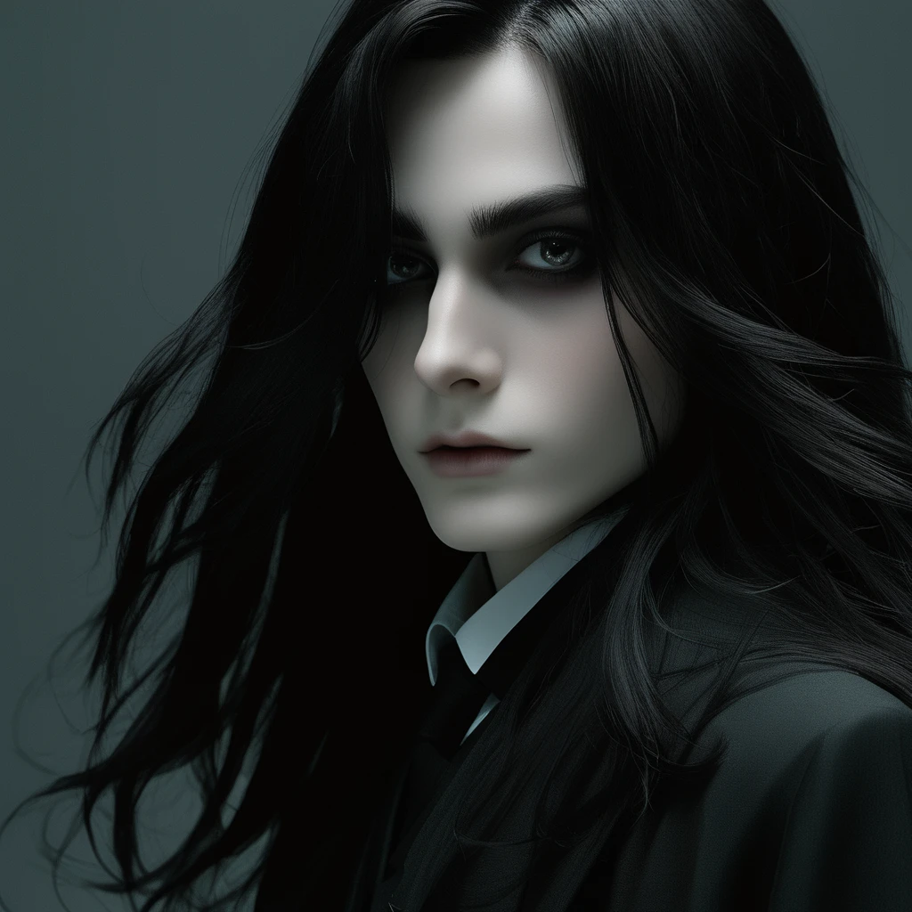 Young Severus Snape, portrait, (((onyx-black-eyes))), very-long-hair, black greasy hair, white skin, pale complexion, elegant-delicate-features, (((hooked nose))), Distinguished, Classic, Aesthetic, Sophisticated, Flawless, Intricate