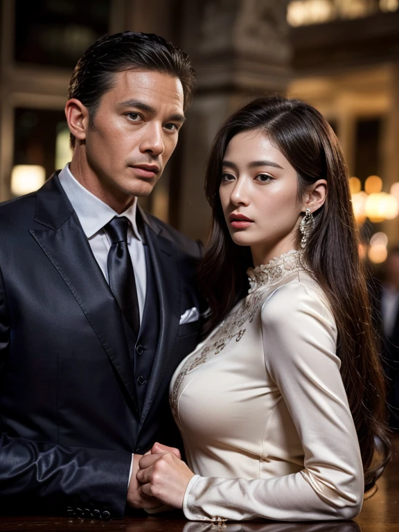 original photo，(best quality, high resolution, on the table:1.2), Super detailed details, (actual, Realism:1.3), Inspired by the 007 movie，A beautiful and handsome couple wearing formal clothes standing on the street at night, Seductive atmosphere, Threatening atmosphere, close up, Perfect body，Highly detailed facial details,  real background