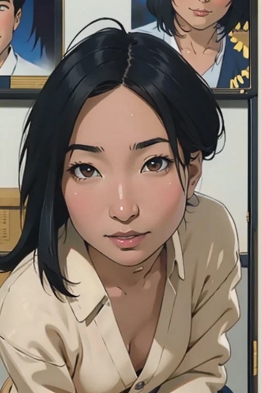 Risa, black haired japanese girl, short black hair, sitting in classroom in uniform , cute, beautiful, realistic style, highly detailed, 4k, look at camera, face close-up, ((golden ratio, center frame)), (((RISA))), face in center of picture ((NUDE)), ((looking to the right))