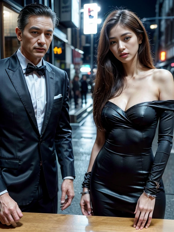 original photo，(best quality, high resolution, on the table:1.2), Super detailed details, (actual, Realism:1.3), Inspired by the 007 movie，A beautiful and handsome couple wearing formal clothes standing on the street at night, Seductive atmosphere, Threatening atmosphere, close up, Perfect body，Deep V cleavage，性感的long legs，long legs，Highly detailed facial details,  real background