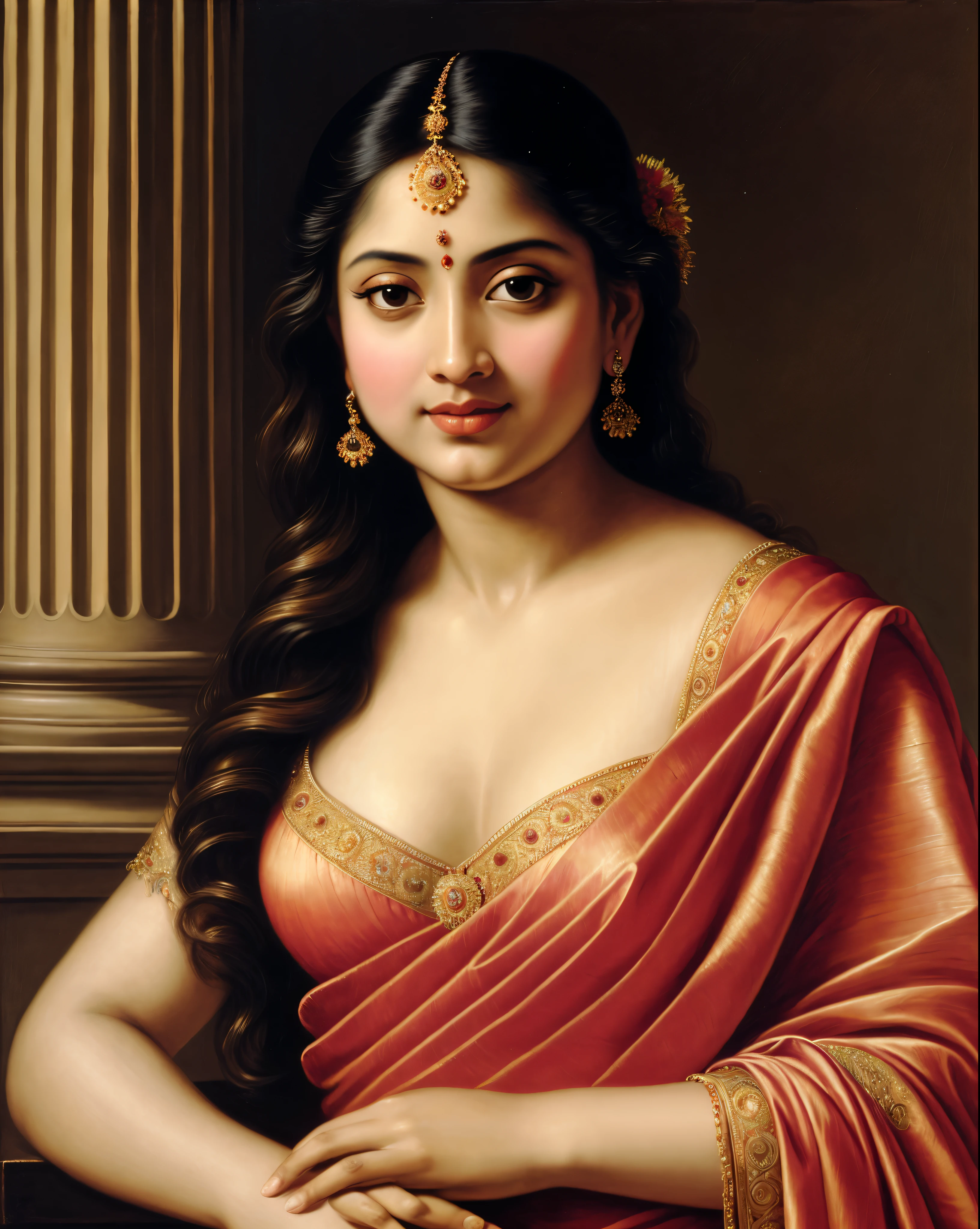 Beautiful Indian Woman, wearing saree, sari Beauty, gorgeous, Apsara, Maharani, royal queen woman, nymph from Hindu Mythology, Urvashi, matchless beauty, Highly detailed, Oil Painting by Peter Paul Rubens inspired by Raja Ravi Varma, Matchless beauty, captivating, gorgeous, heavenly beauty, celestial beauty, by Peter Paul Rubens, 13, realistic, hyper realistic, micro details, incredible artwork, insane details, ultra High resolution, 8k, 32k, acrylic on canvas, intricate, flawless, detailed, detailed face, detailed eyes, masterpiece, by Peter Paul Rubens, by Caravaggio, by William Adolphe bouguereau, perfect face, perfect body, beautiful art, realism, baroque, renaissance Art, highly textured, beautiful and detailed eyes, uhd, best quality,