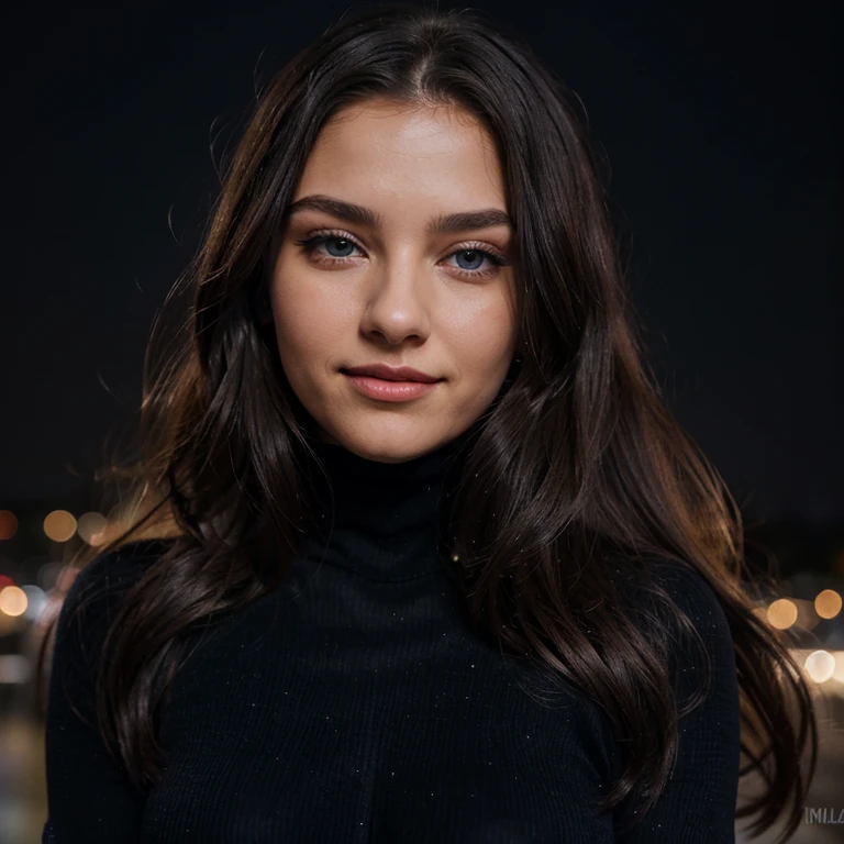 Shot captured by IMAX CAMERA, 20K resolution, hyper realistic masterpiece of Alluring Ukrainian fertile 18-year-old extra super healthy thick billionaire pregnant women, pleasant smile, only thin fine elegant platinum nose hoop in left nostril, long hair, blue sparkle eyes, wore thick black plush velvety ribbed turtleneck sweater body suit with thin black rich plush velvety gloves, expensive precious fine diamond necklace on neck, affectionate personality, she is looking into my eyes, and playing with her hairs by hands, walking in dark starry night.

