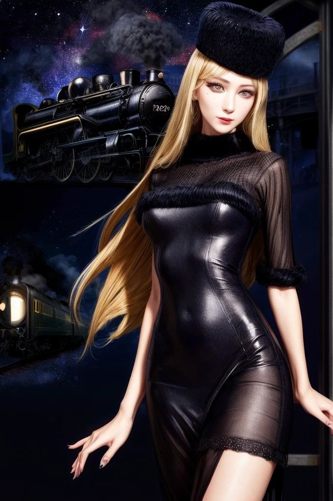 maetel, long hair, blonde hair,fur trim, black headwear, fur hat, dress,(cowboy shot:1.1), yellow eyes, (luggage:1.1), steam (train station:1.1),station platform,  night, galaxy,999
best quality, highly detailed, masterpiece, absurdres,8k,   (detailed eyes, deep eyes),photorealistic, realistic,detailed skin texture, detailed pupils,HDR,
1woman,(happy:1.1),smile, (angular face:1.2),shiny face,large breasts, (narrow waist:1.1), lip makeup,long eyelashes