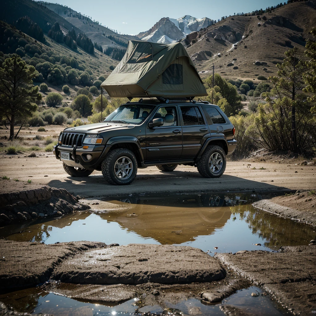 Jeep Grand Cherokee 1995, 4x4, cinematic view, offroad accesories, led lamp, side view, offroad style, camping style, opened roof tent, yellow pearl body, glass windows, metallic reflections, mountains Hollywood, sunny day, lights reflection on the body, masterpiece, ultra realistic, realistic photography, ray tracing, Forza rendering, sharp focus, high contrast, side light