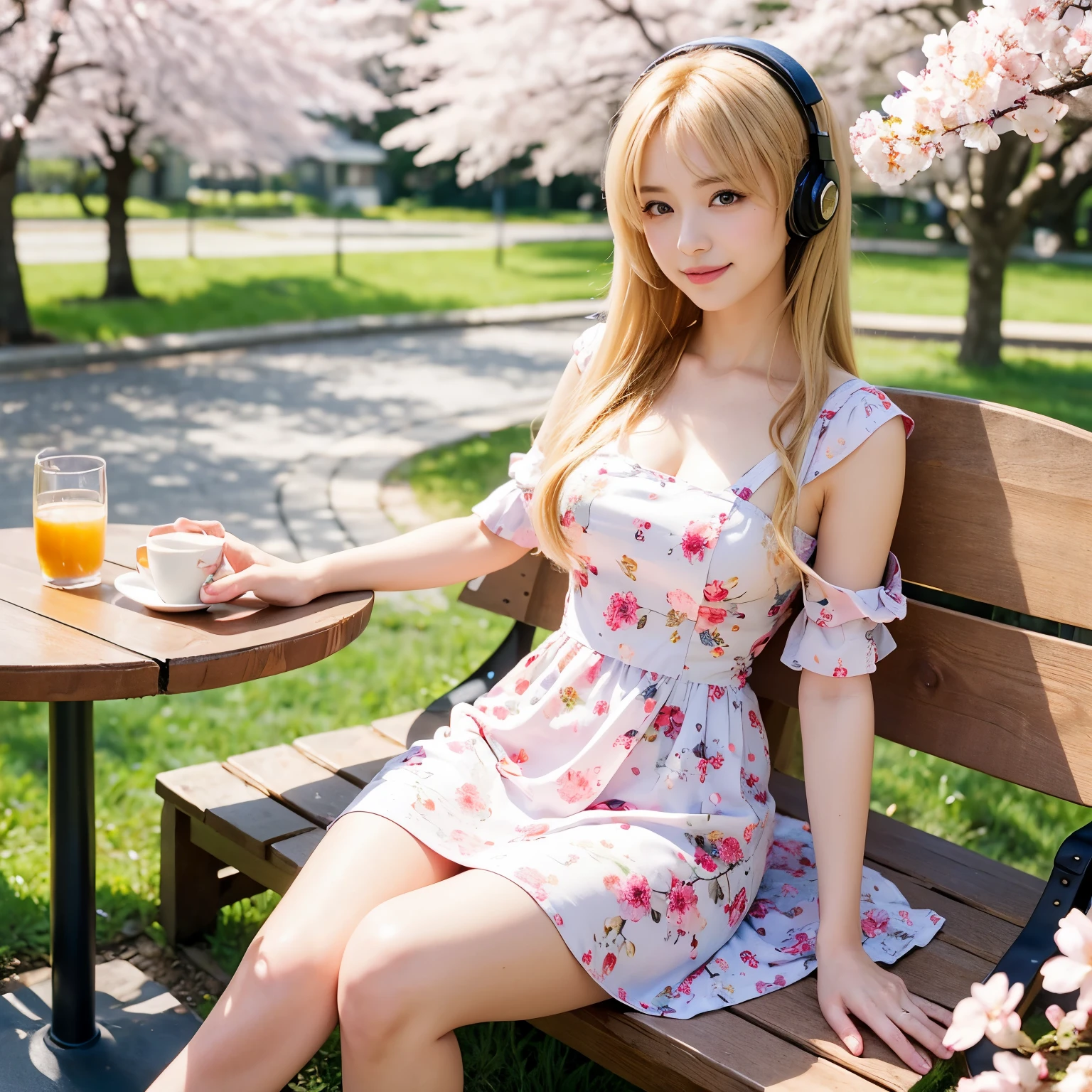 highest quality, masterpiece, 8K, ultra high resolution, (realistic: 1.4), 1 girl, beautiful face, symmetrical eyes, big, perfect body proportions,((Soryu Asuka Langley,interface headset,floral pattern dress:1.4,blonde)), date、fun、 (In the row of cherry blossom trees、blurred background), Seat front view, Absolute area (1.3),smile、seems kind、cowboy shot