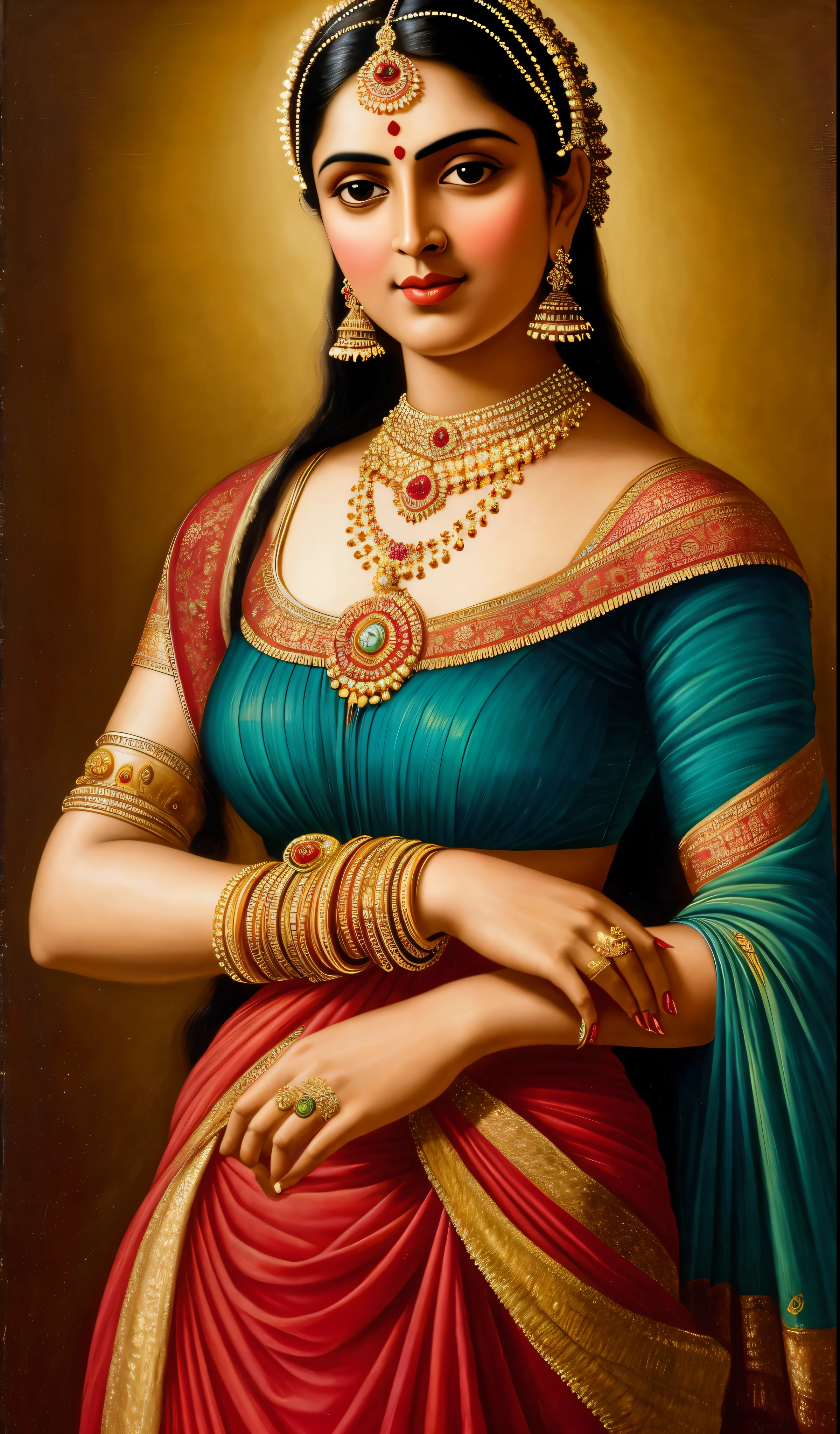 Masterpiece, painting of a woman in a blue dress with a red top and gold jewelry, inspired by Raja Ravi Varma, portrait of a beautiful goddess, by Raja Ravi Varma, a stunning portrait of a goddess, szukalski ravi varma, traditional beauty, indian goddess, beautiful goddess, portrait of modern darna, portrait of a goddess, goddess portrait, perfect body, proportional body, perfect body posture, masterpiece, Indian sensibility, exotic Indian art, 