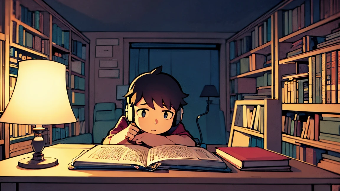Boy listening to music in cozy room at night, Use headphones, Animation Style 2D, lo-fi, hard disk, dark environment, in front of the computer, books on the table, studying, concentrated, depth, 4K, wallpaper, masterpiece, YouTube channel banner